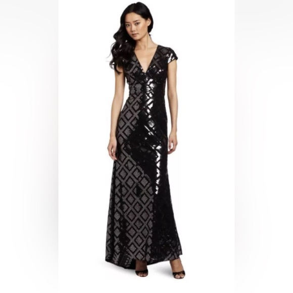 BCBG Maxazria Dress Skylah 4 Black Formal Maxi Sequins Argyle - Picture 1 of 10